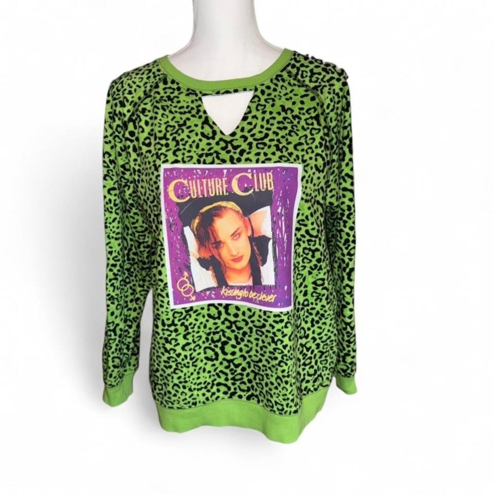 Culture Club Boy George‎ Band Sweatshirt Neon Green Leopard Print Cuts Ladies M